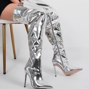Silver Over-the-Knee High Heel Boots